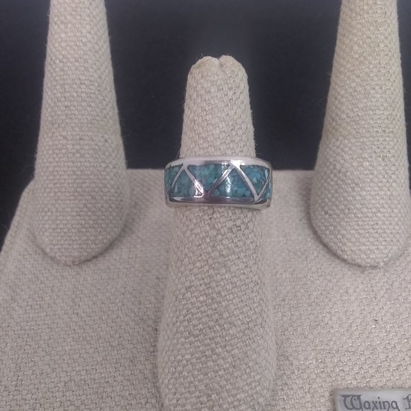 Southwestern Crushed Turquoise Inlay Sterling Ring - Picture 2 of 5
